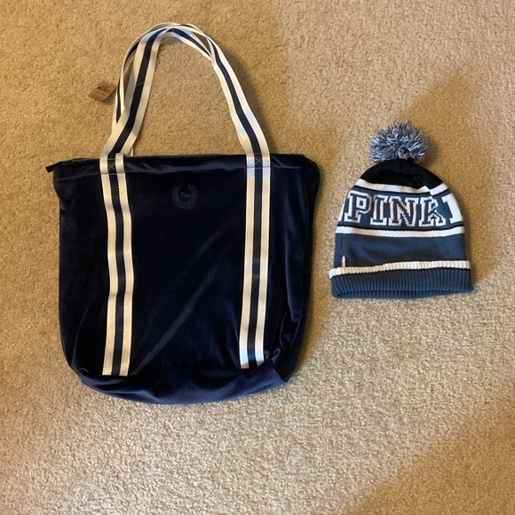 PINK Victoria's Secret Handbags - PINK VS Navy Blue Soft Velour Ribbed Shoulder Bag (NWT)& PINK Nation Knit Beanie